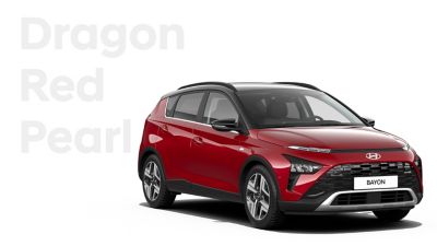 The different color options for the all-new Hyundai BAYON crossover SUV: Dragon Red Pearl.