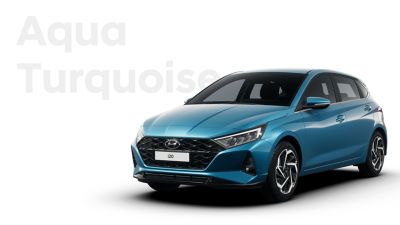 Pohľad sprava spredu na nový Hyundai i20, tyrkysová farba Aqua Turquoise
