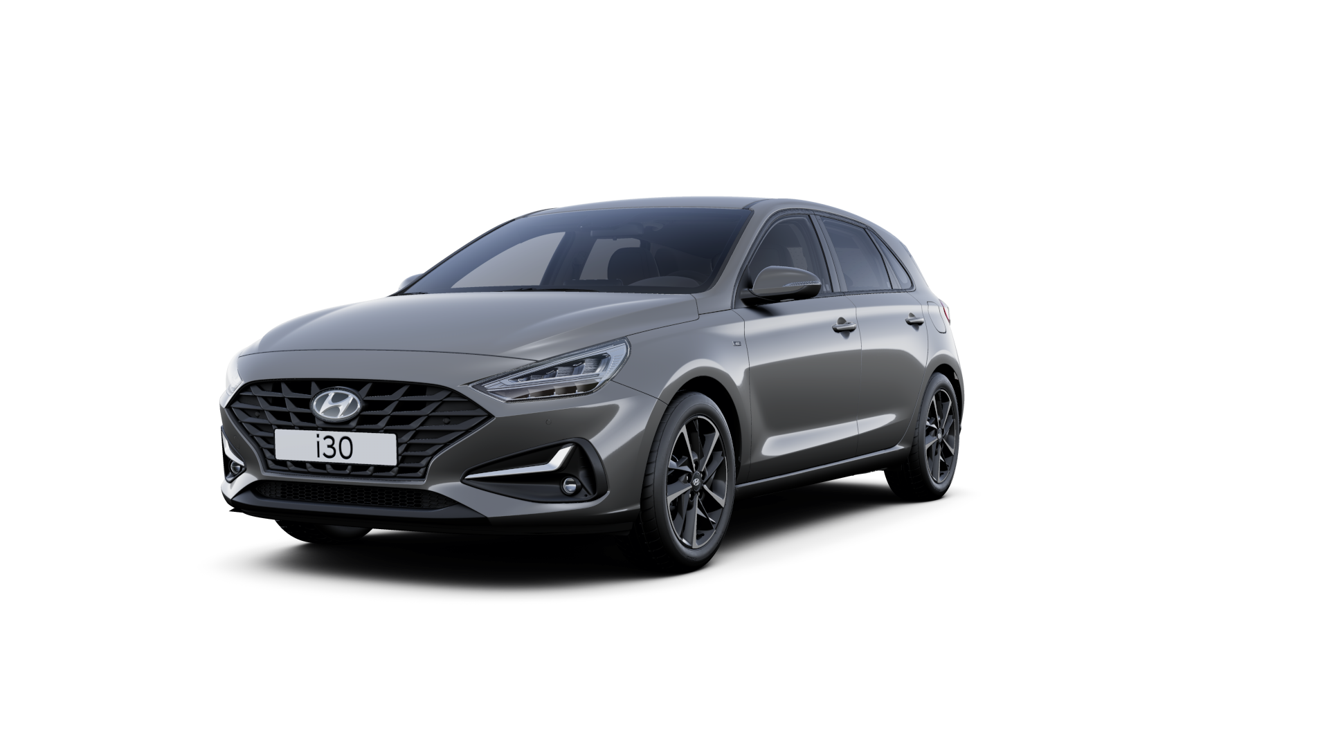 Front side view of the new Hyundai i30 in the colour Amazon Grey.
