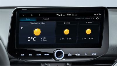 Image of the 10.25-inch screen of the new Hyundai i30, showing live weather forecast.