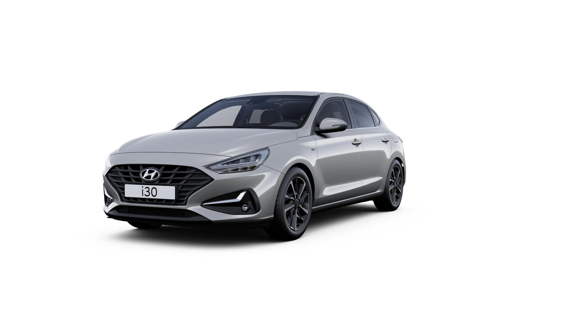 Front side view of the new Hyundai i30 Fastback in the colour Shimmering Silver.