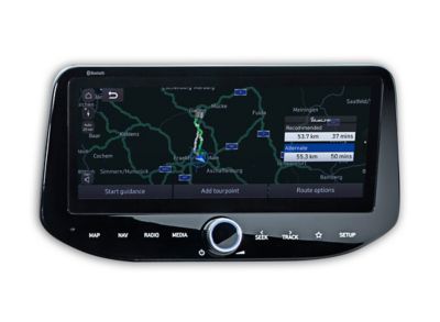 The 10.25-inch touchscreen inside the new Hyundai i30 Wagon, displaying the navigation map 