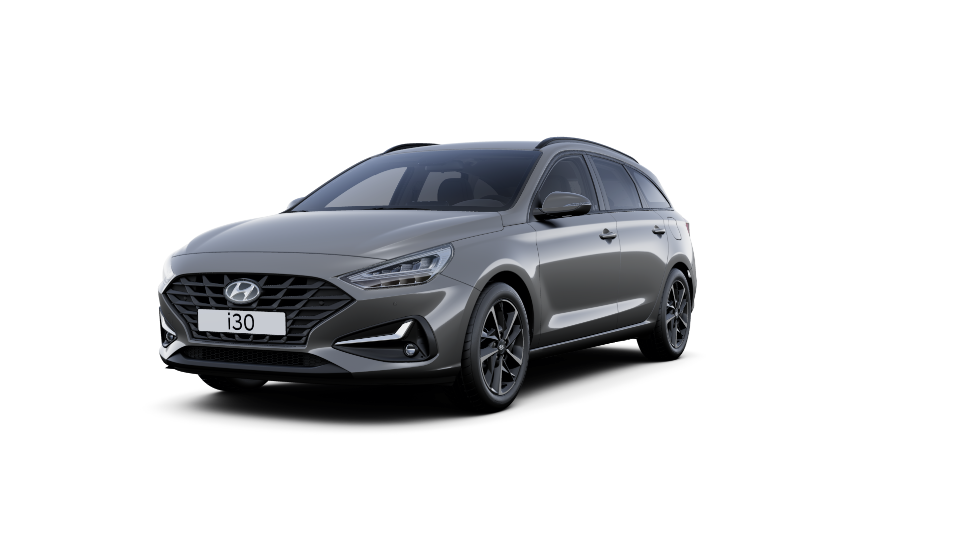 Front side view of the new Hyundai i30 Wagon in the colour Amazon Grey.