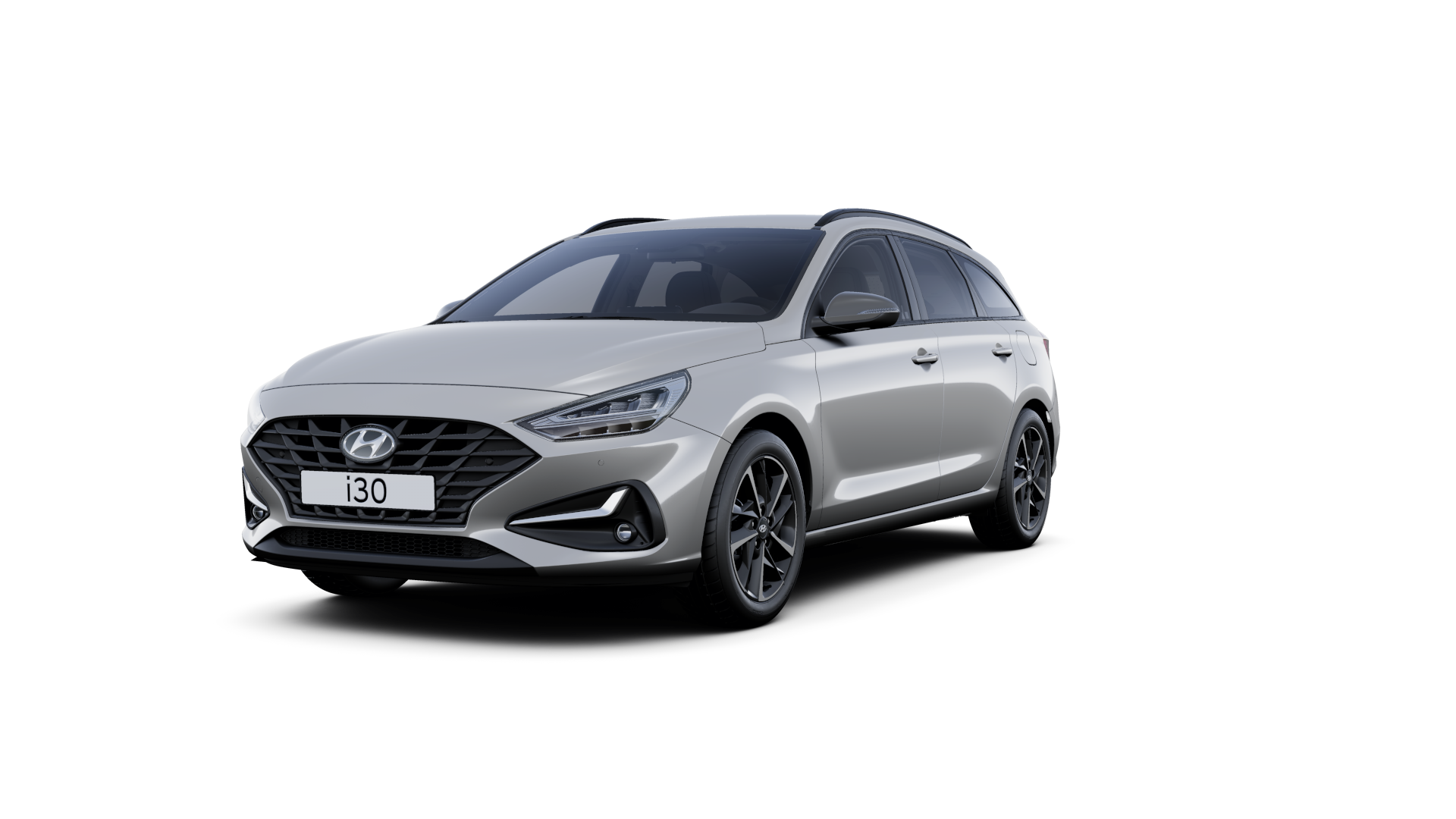Front side view of the new Hyundai i30 Wagon in the colour Shimmering Silver.