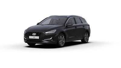 Front side view of the new Hyundai i30 Wagon in the colour Phantom Black.