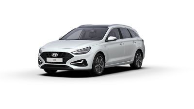 Front side view of the new Hyundai i30 Wagon in the colour Polar White.