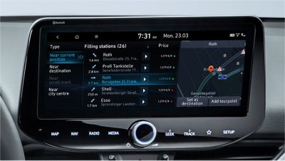 Image of the 10.25-inch screen of the new Hyundai i30, showing live fuel price information.