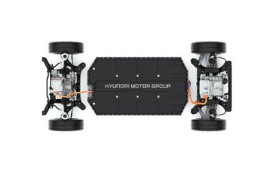 Nízko uložené motory a batéria elektrického CUV strednej veľkosti Hyundai IONIQ 5.
