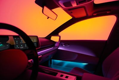 The Hyundai all-electric IONIQ 6 interiors ambient lighting with a spectrum of 64 colours.