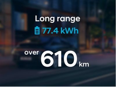 Grafika zobrazujúca batériu 77,4 kWh umožňujúca Hyundai IONIQ 6 dojazd vyše 610 km.