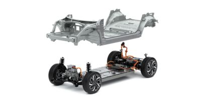 Podlahová plošina, elektromotory a komplet batérie elektrickej globálnej modulárnej platformy (E-GMP) značky Hyundai.