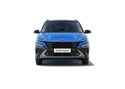 Front view of the new Hyundai KONA Hybrid compact SUV with its robust signature and unique style.