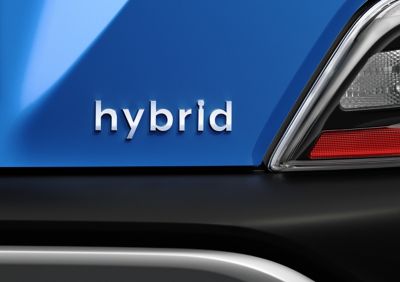 The Hybrid badge on the back of the new Hyundai KONA Hybrid compact SUV.