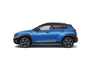 Side view of the new Hyundai KONA Hybrid compact SUV with its sporty silhouette. 