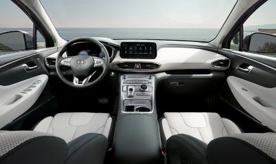 The new Hyundai SANTA FE Plug-in Hybrid 7 seat SUV's premium interior design of the cockpit.