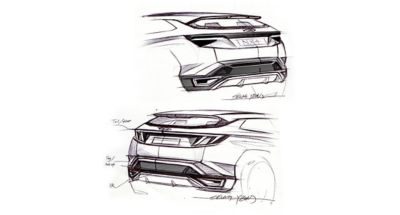 Dizajnový náčrt kompaktného SUV Hyundai Tucson zobrazený zozadu.