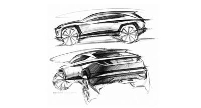 Dizajnový náčrt kompaktného SUV Hyundai Tucson zobrazený zozadu a zboku.