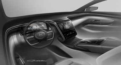 Dizajnový náčrt kompaktného SUV Hyundai Tucson zobrazený zozadu.