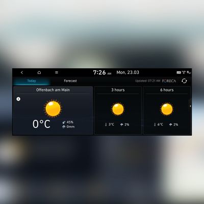 Detailný pohľad na obrazovku s navigáciou v modeli Hyundai s predpoveďou počasia.