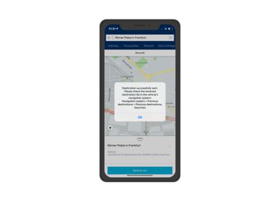 Snímka obrazovky aplikácie Hyundai Bluelink s prvkom Zaslanie cieľa do vozidla.